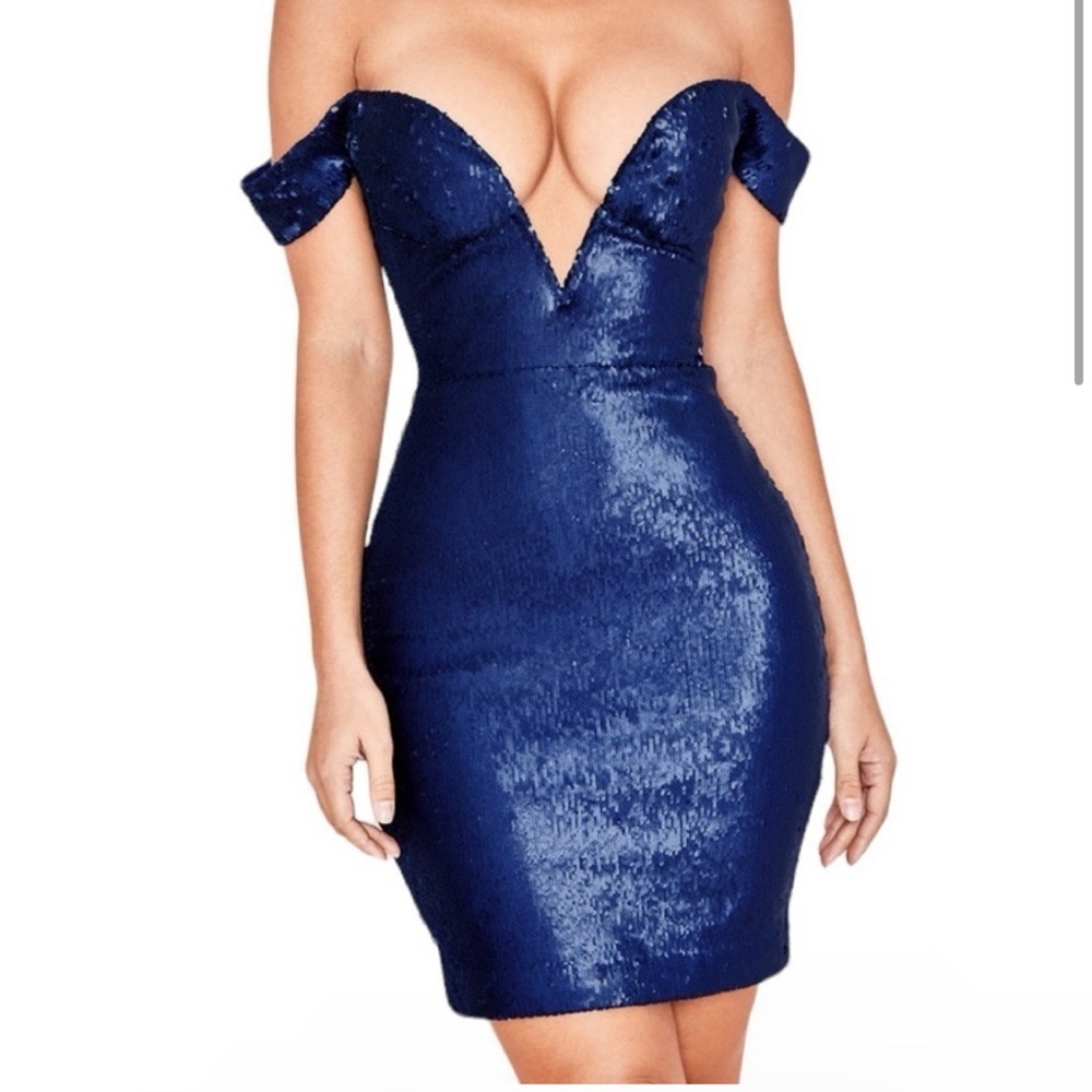 NWT Brand new House of CB Dante Blue Sequin mini plunge dress size XS